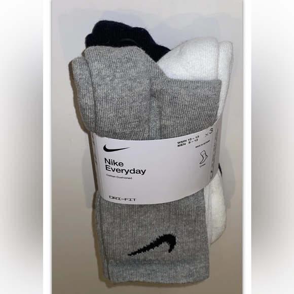 Nike Everyday Crew Socks 3 Pair Men 8-12 Wmn 10-13 Gray White Black Logo Cushion - Picture 11 of 12
